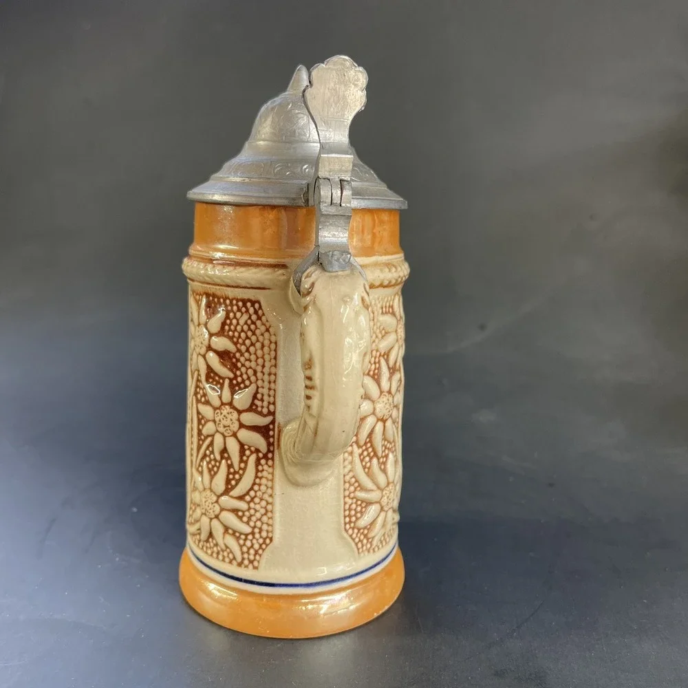 Small Vintage German Lidded Mini Beer‎ Stein Tavern Scene Floral